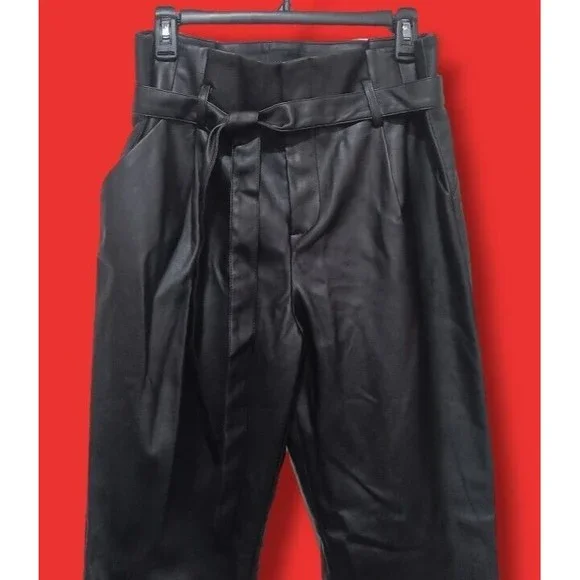 Lucy Paris Belted Paper Bag Waist Black Faux Leather High Rise Womens Sz L Pant - Picture 12 of 16